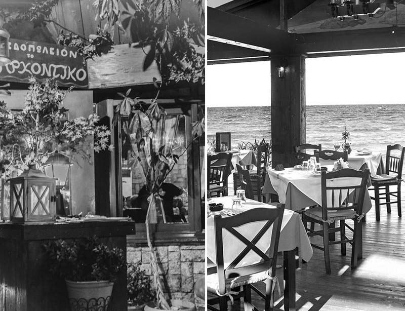 Black and white photo at the beach side reastaunt at artemida